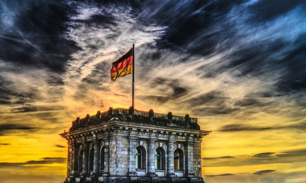 bundestag, german flag, parliament, federal election, germany, capital city, flag, architecture, banner, building, government district, berlin, government, germany flag, city, politics, government building, german, flutter, clouds, nature, facade, story, sightseeing