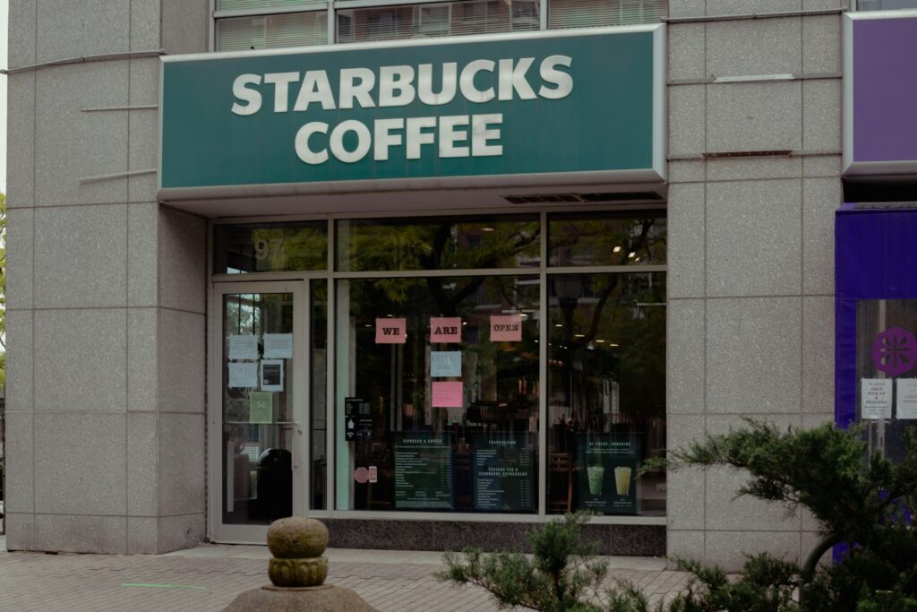 a starbucks coffee shop on a city street