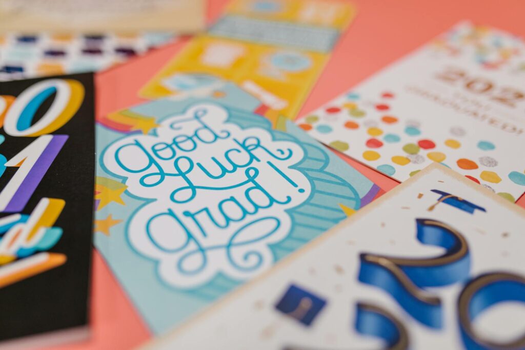A vibrant set of graduation cards showcasing various designs and messages. Perfect for congratulating graduates.