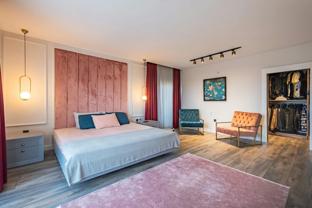 A stylish and elegant bedroom with a contemporary design, ideal for relaxation.