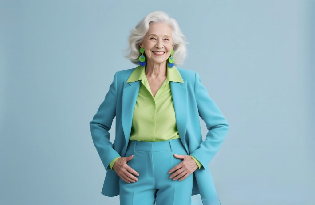 A stylish older woman smiles for the camera.