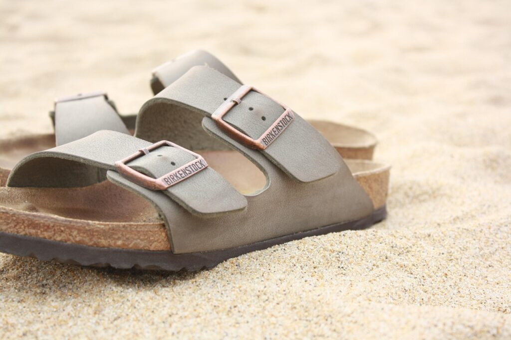 beach, ocean, summer, vacation, slipper, nature, travel, birkenstock, casual, sand, granules