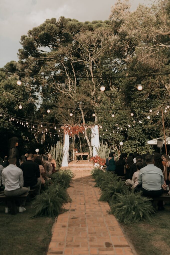 Outdoor wedding ceremony, beautifully decorated.