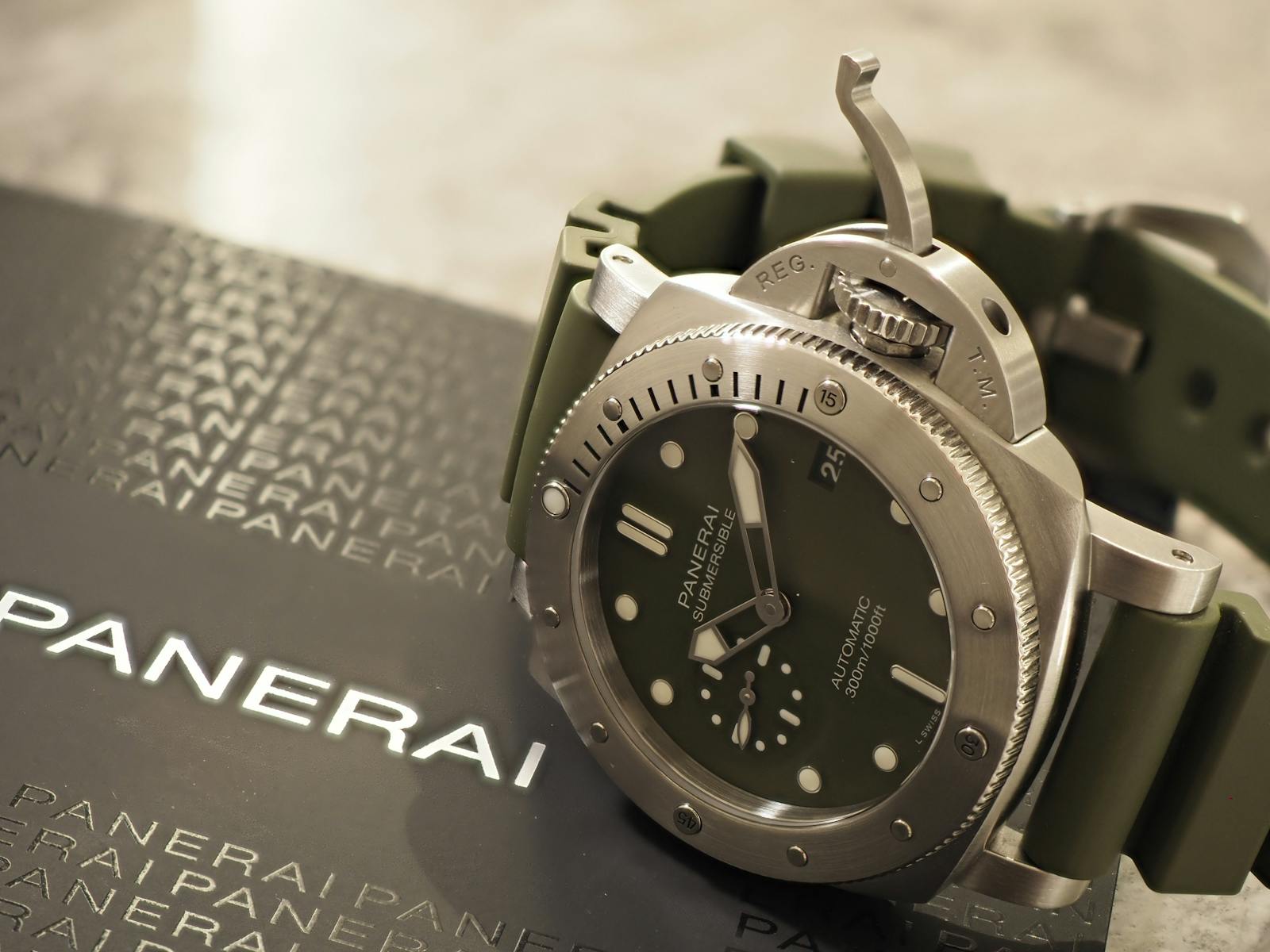 Close-up of a luxurious Panerai wristwatch showcasing its detailed clock face and design.