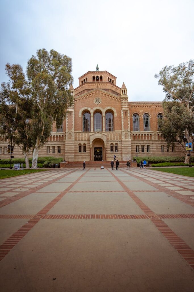 Powell Library's majestic architecture at UCLA campus, Los Angeles.