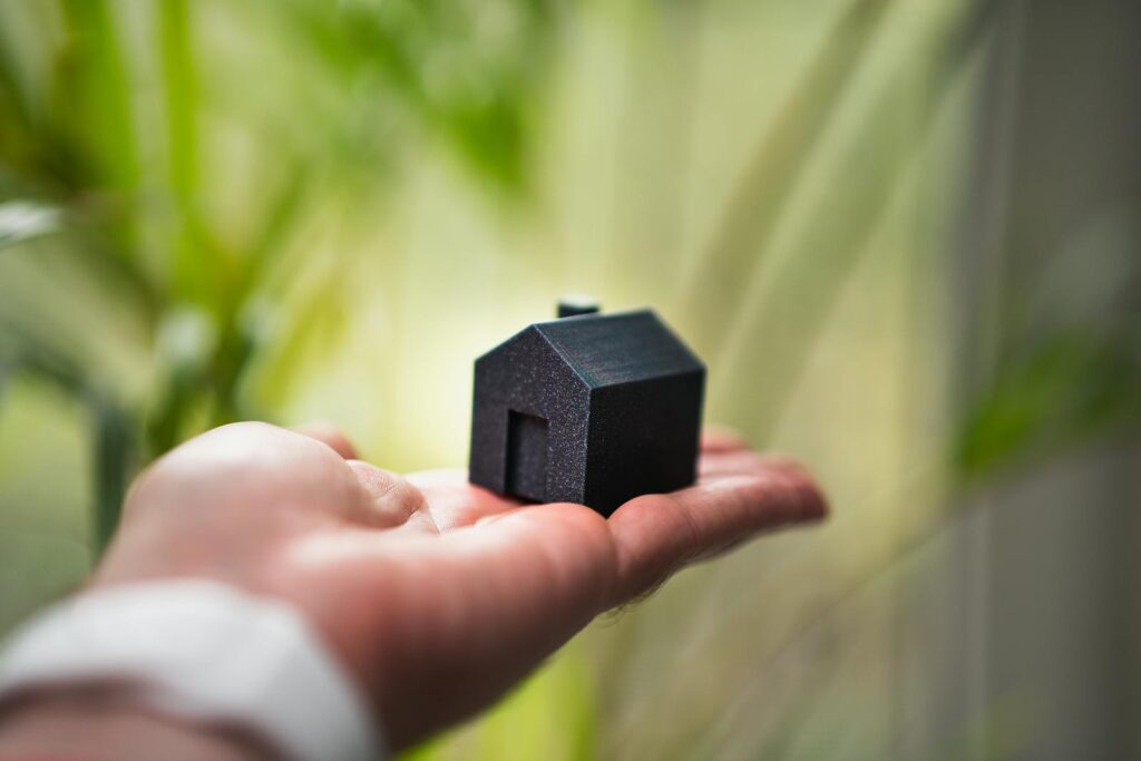 Close-up of a hand holding a miniature black house with greenery in the background.