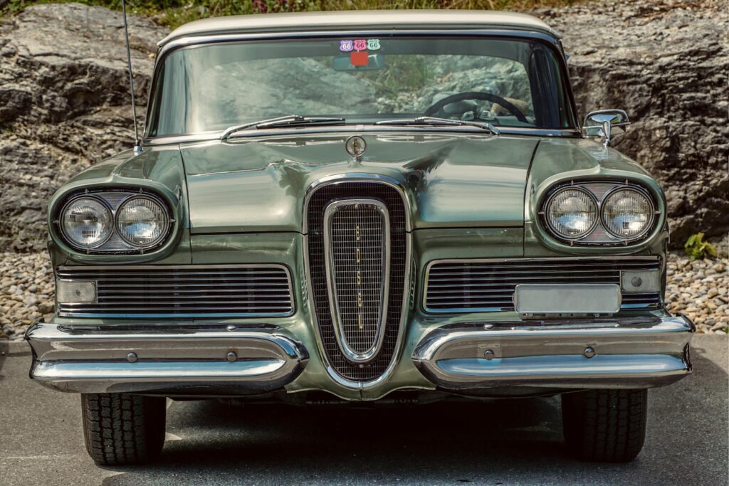 Front view of a vintage Edsel Corsair classic car with distinct headlights and grille.