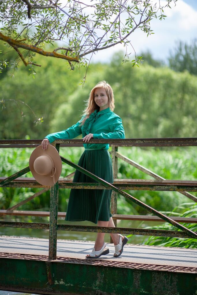 woman, beauty, outdoors, fashion, everyday, hat, dress, young, bridge, rustic, country, portrait, summer, nature, in the country, by the river, style, long skirt, maxi skirt, blouse, elegantly, gone with the wind, classic, wind