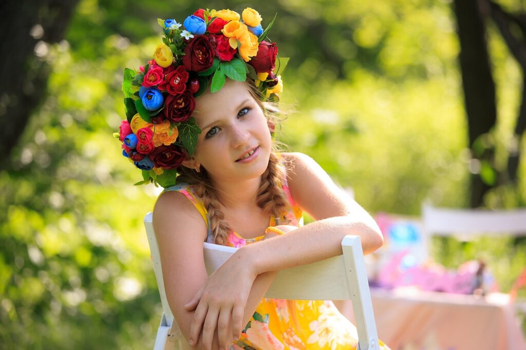 girl, flower crown, dress, hairstyle, fashion, blonde girl, braided hair, floral crown, headdress, bloom, blossom, wreath, kid, smile, smiling girl, portrait, sit, sitting, girl, girl, girl, girl, girl, flower crown, dress, kid, smile, smile
