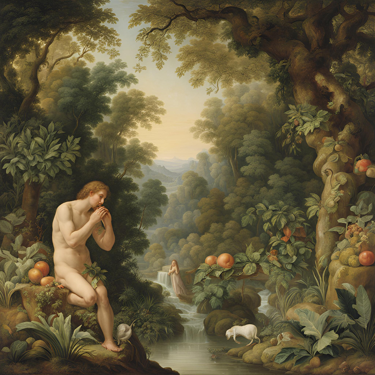 adam, sin, temptation, snake, bible, nature, woman, genesis, eden, fruit, eve, religion, abel, cain, tree, man, god, apple, christianity, paradise, garden, creation, faith, ai generated