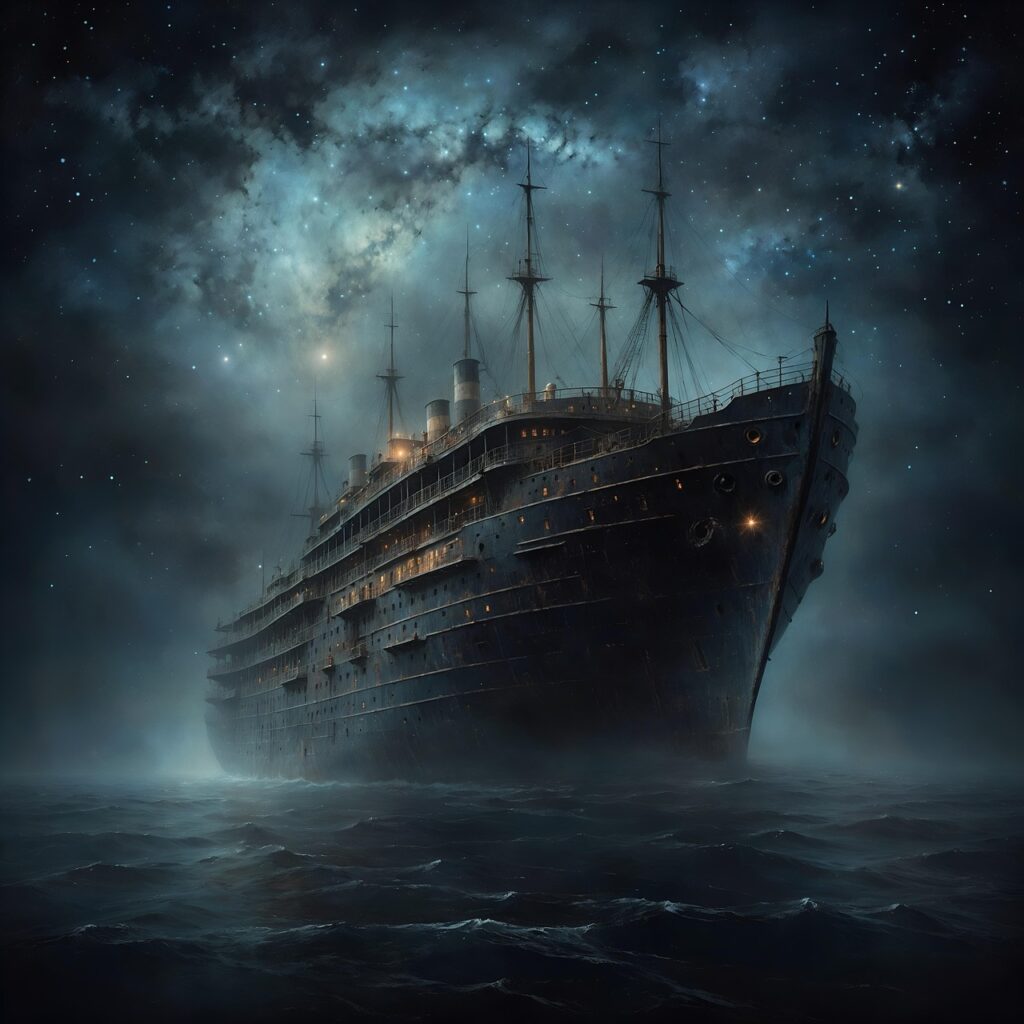 ai generated, ship, cruise, sea, nature, boat, ocean, sunset, shipping, storm, logistics, titanic, titan