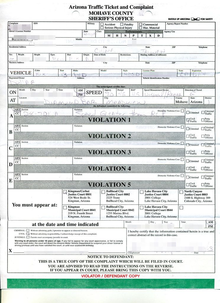 Arizona traffic ticket and complaint, 28-701-A