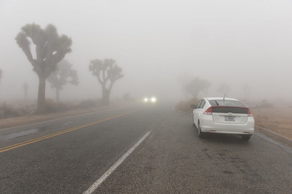 Car driving through fog
