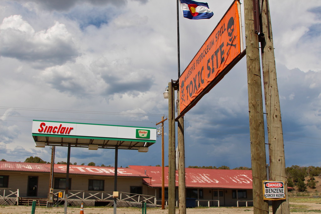 Closed Sinclair gas station along highway to Durango from Mesa Verde