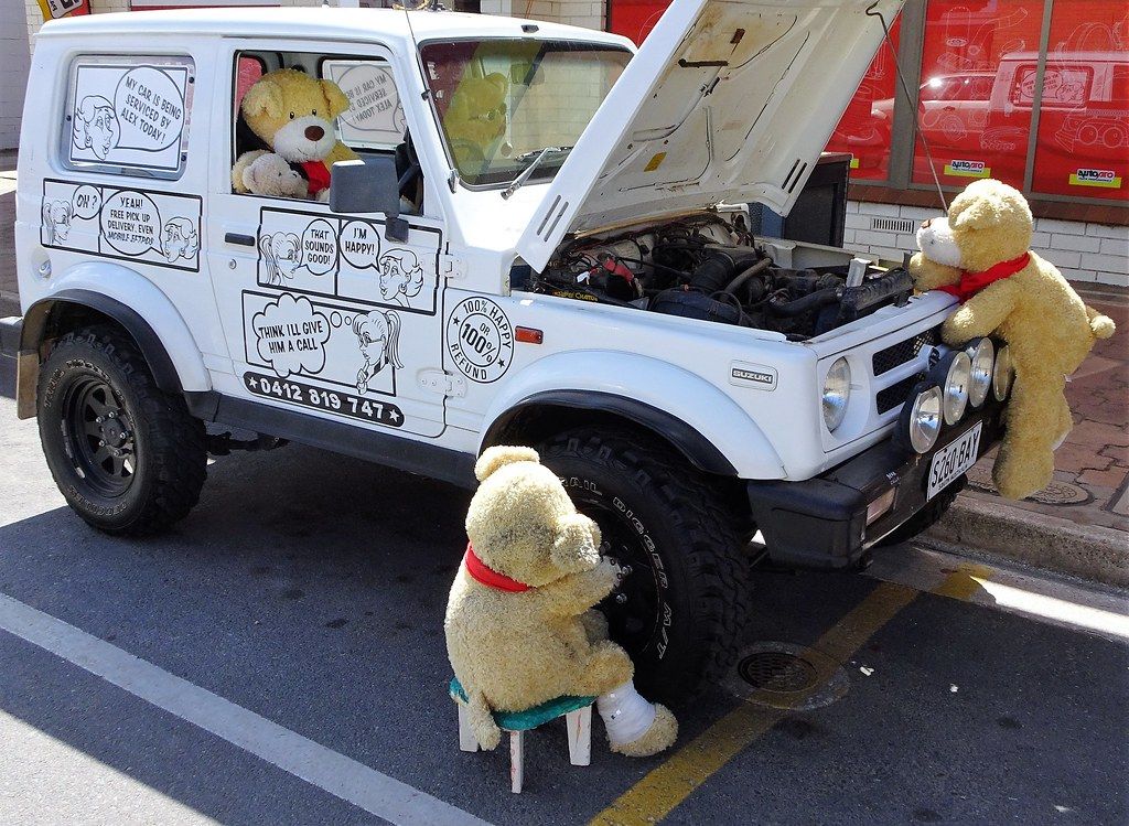 Kapunda. Imaginative car and bear advertising in the Main Street for a car repair workshop