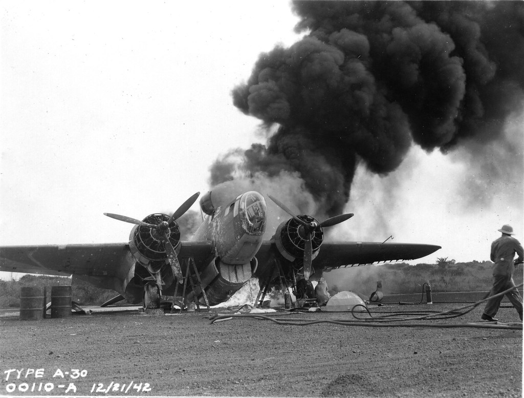 Martin 187 Baltimore attack-bomber in flames during World War II in Africa