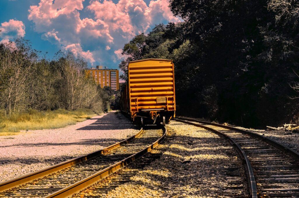 a train traveling down train tracks next to a forest