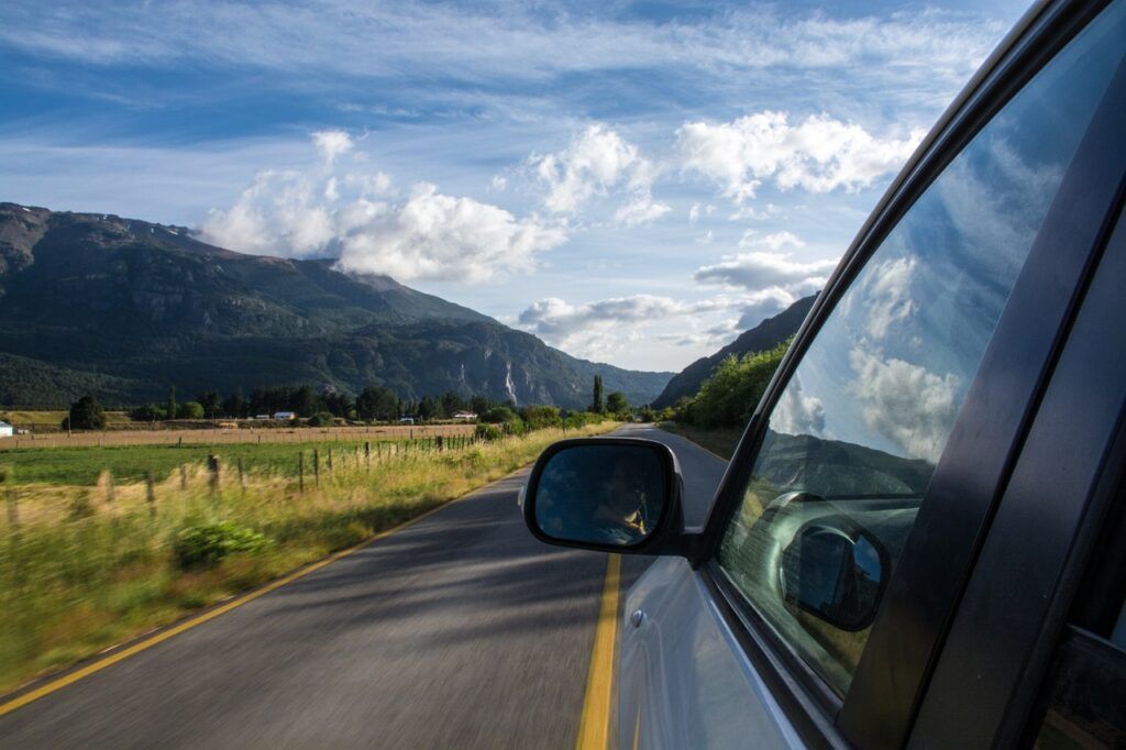 car, clouds, mountains