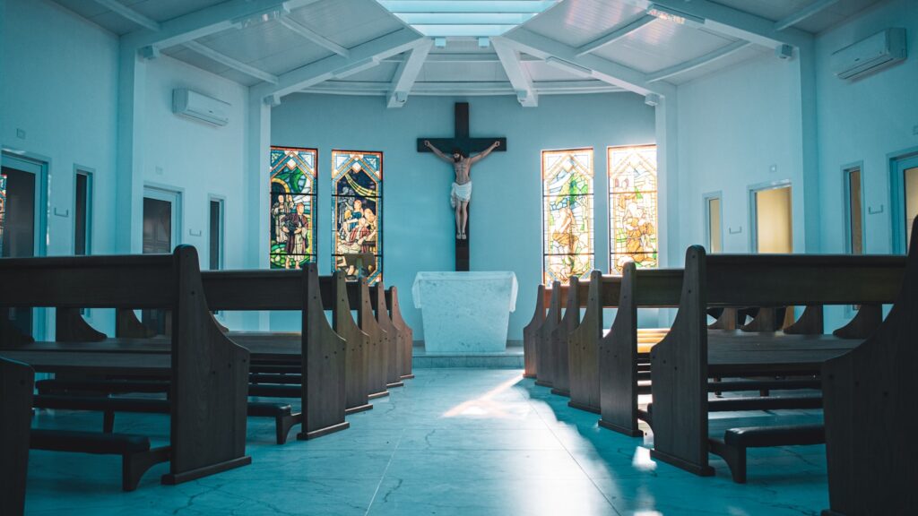 wooden church pews in church