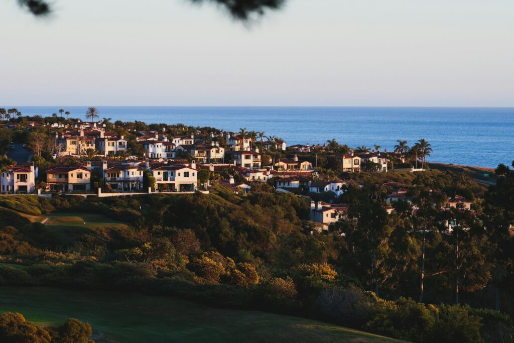 Houses sit atop a hill overlooking the ocean.
