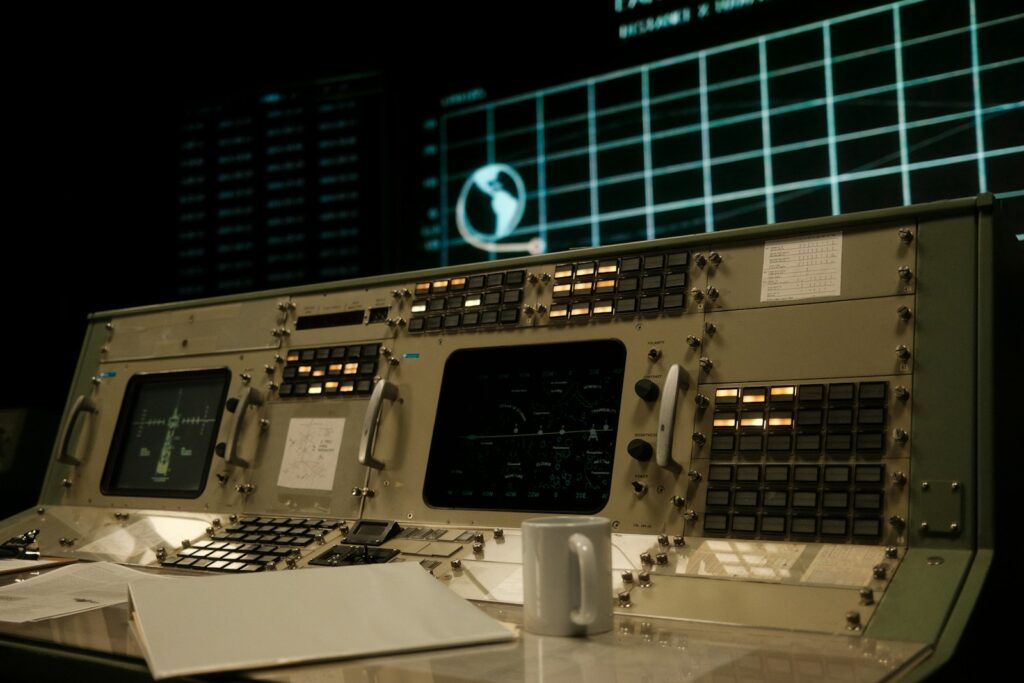 A control panel in a building at night