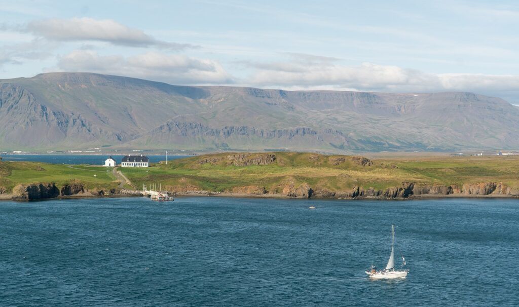 sailboat, mountains, sea