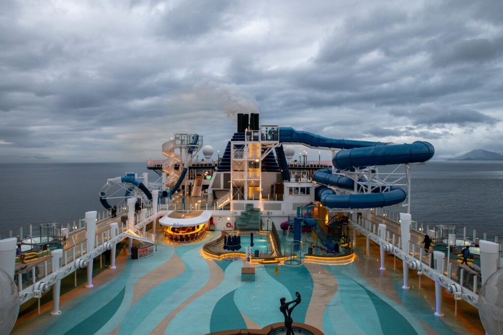A water slide on the back of a cruise ship