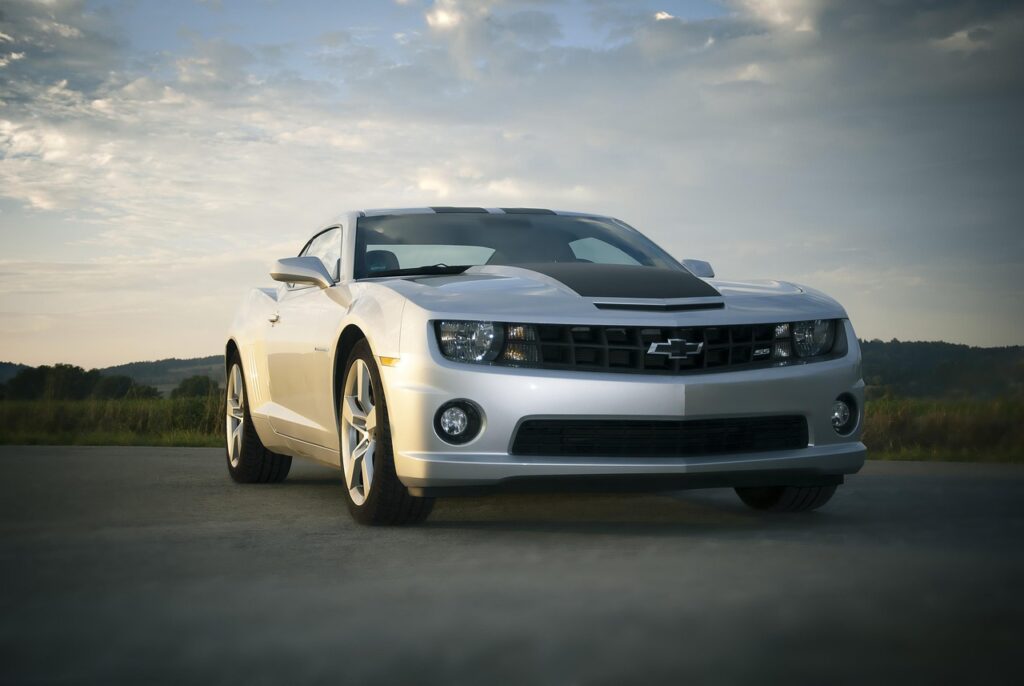 automobile, chevrolet, camaro, road, sports car, speed, vehicle, landscape, motorsport, clouds, headlights, nature, heaven
