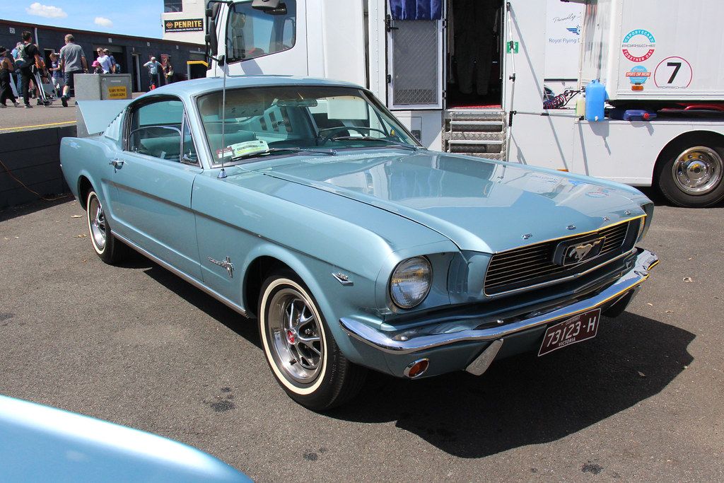 silver-blue 1966 Ford Mustang EV
