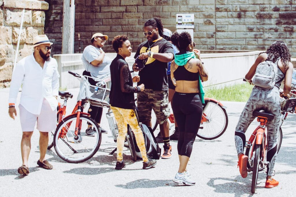 A group of cyclists enjoying a sunny day in Cincinnati, Ohio.