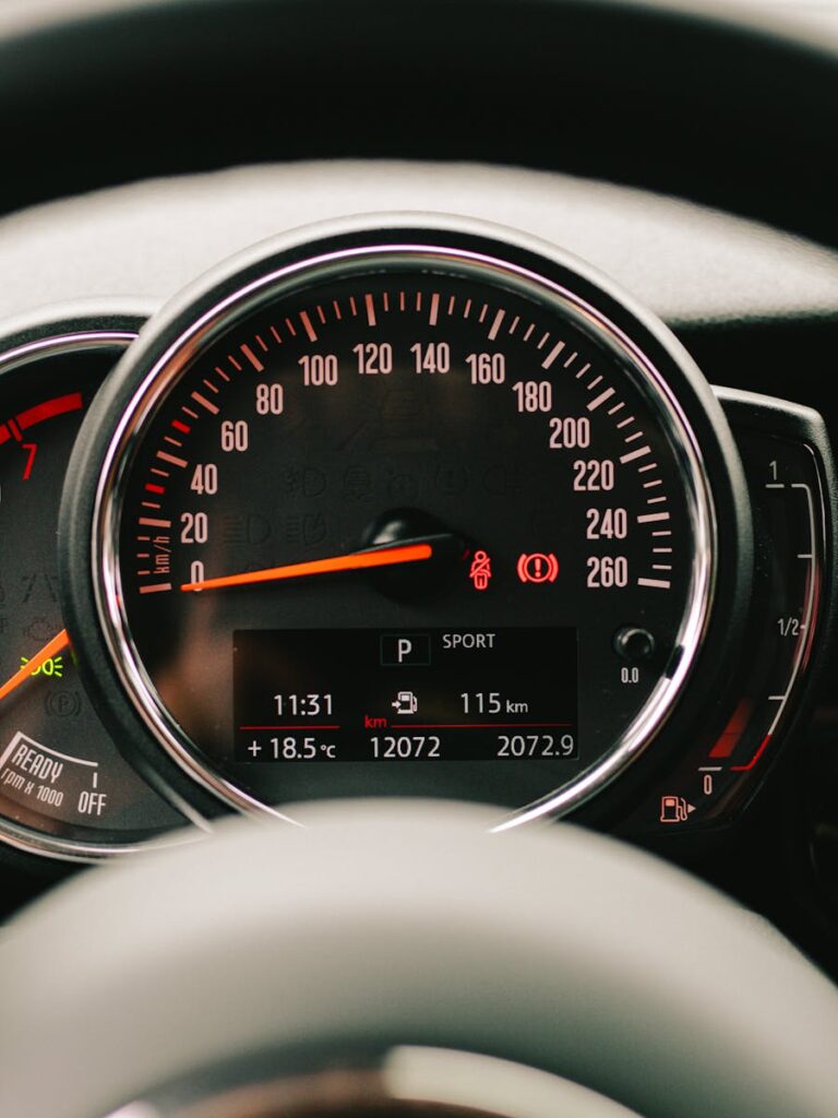 Close-up of a car speedometer showing speed and mileage with distinct displays.