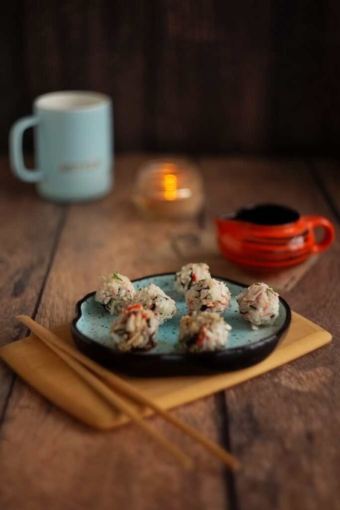 a plate of food on a wooden table