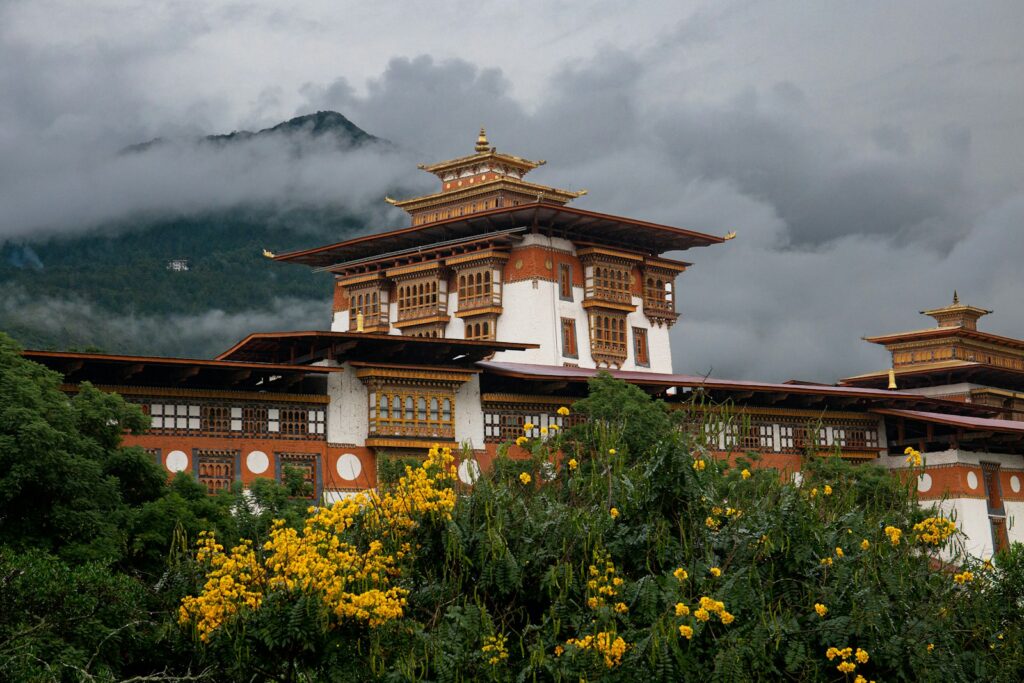 A building with a mountain in the background