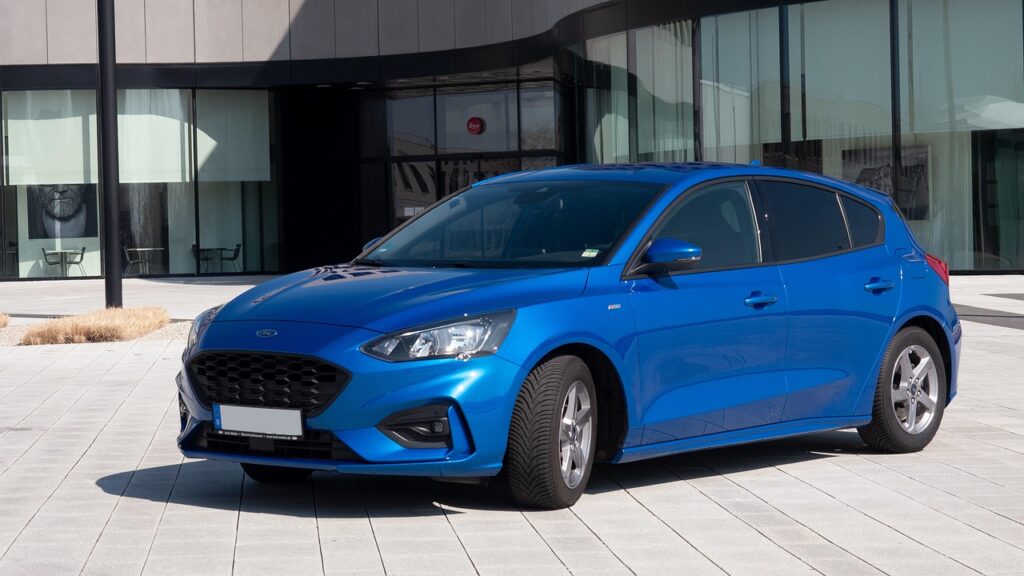 ford, automobile, blue, car wallpapers, car, building, architecture, ford focus
