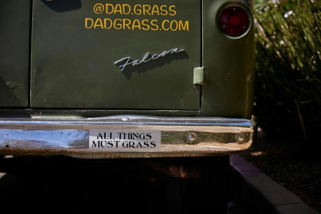a close up of the back of a green truck