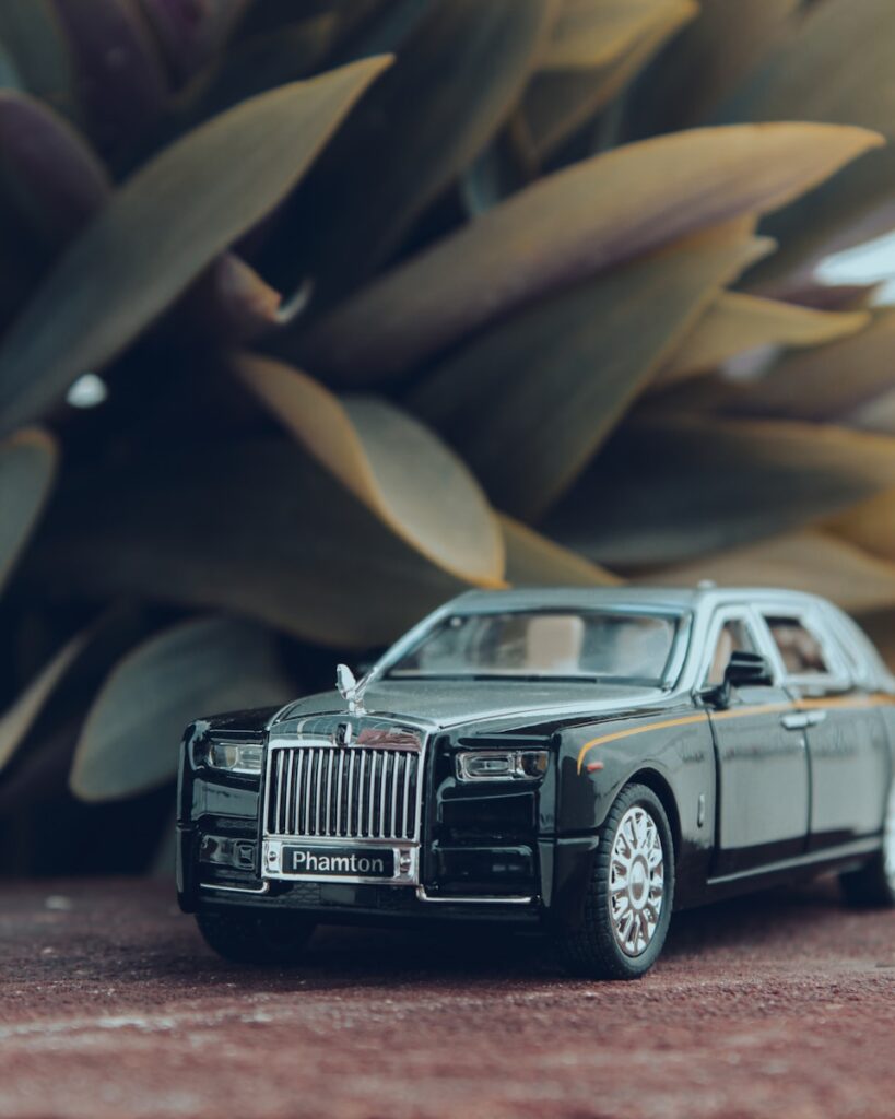 A black toy rolls-royce phantom sits near leaves.