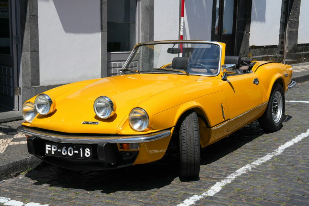 A yellow sports car parked in front of a building