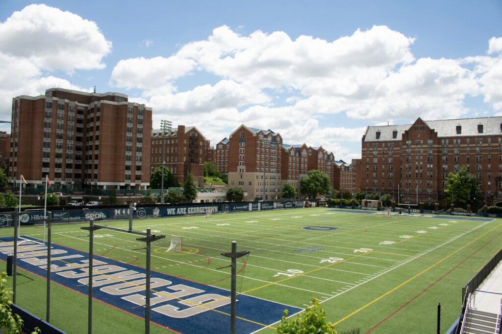 A view of a football field in a city