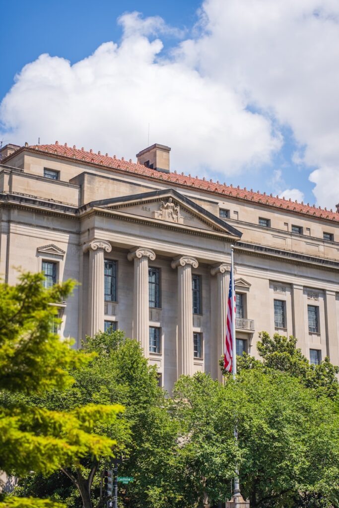 a large building with a flag on top of it