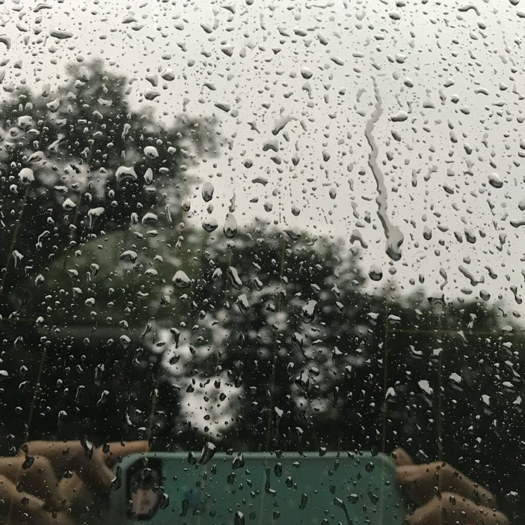 a rain covered window with trees in the background