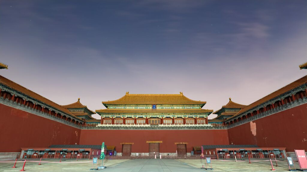 Front view of the magnificent Meridian Gate at the Forbidden City in Beijing, China.