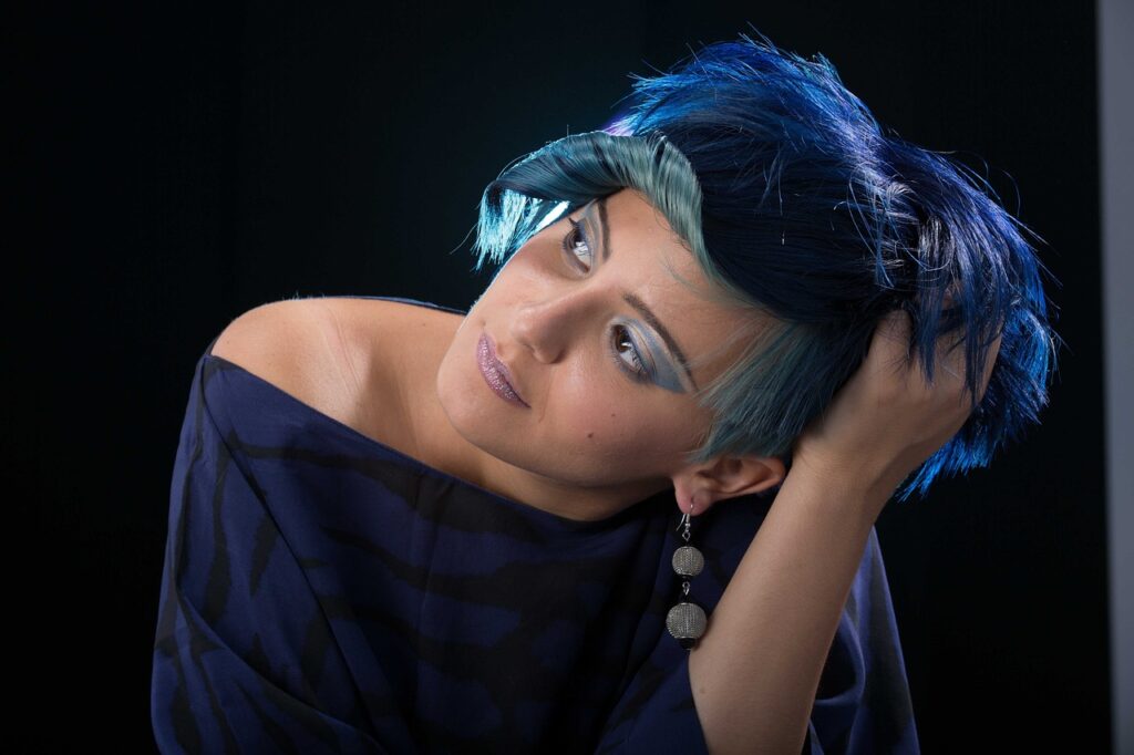 colorimetry, hair, models, woman, face, blue hair, short haircut, portrait, trick, fashion, blue hair, blue hair, blue hair, blue hair, blue hair