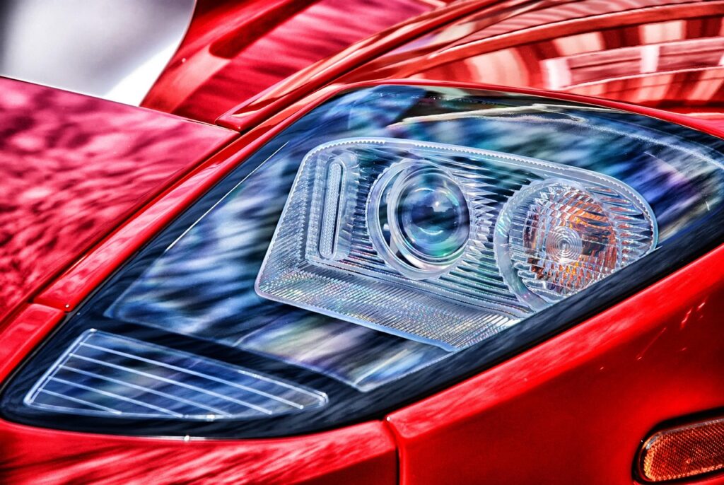 sports car, auto, automobile, hdr, front, headlight, sporty, red, sharp, vehicle, macro, close-up, headlight, headlight, headlight, headlight, headlight