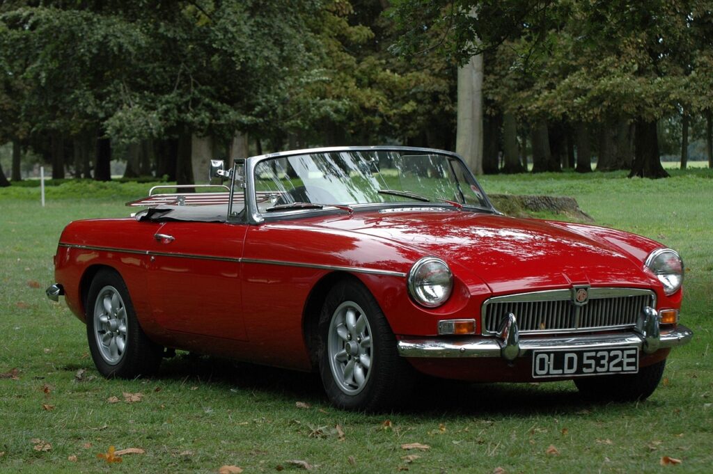 antique car, mg, old car, automobile, red, sports car, england, classic, convertible