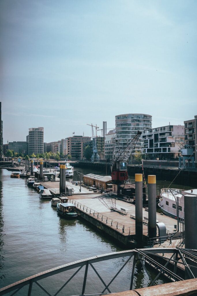 A vibrant view of Hamburg's harbor showcasing modern architecture along the waterfront.