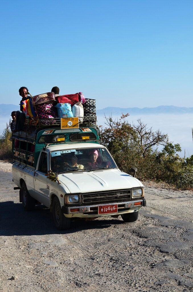 automobile, to travel, overloaded, luggage, roof luggage, ride, road, clouds, nature, heaven, car ride