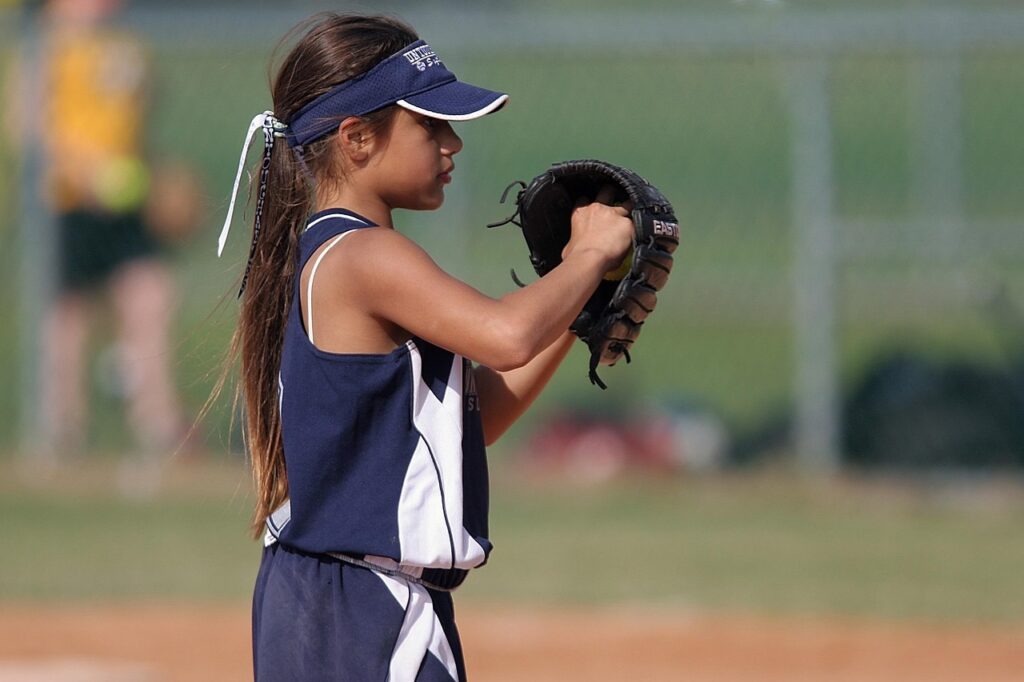 softball, pitcher, nature, female, sport, game, competition, player, field, ballgame, glove, cap, uniform, outdoor, athlete, kid, youth, action, ballpark, summer, play, active, activity, park