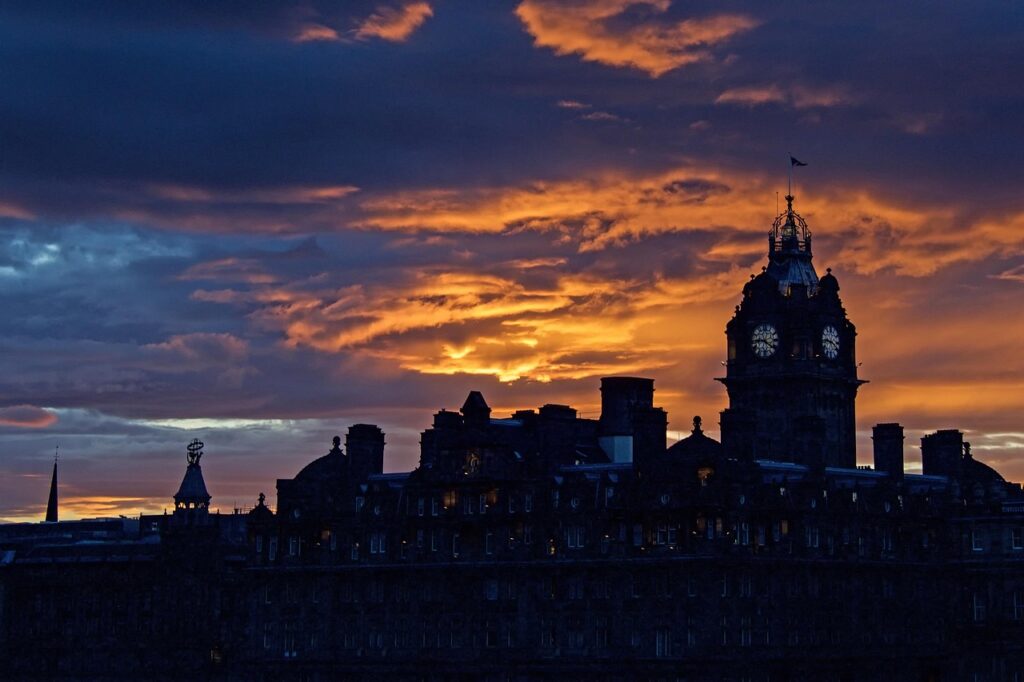 balmoral hotel, nature, edinburgh, scotland, victorian, architecture, building, william hamilton beattie, sunset