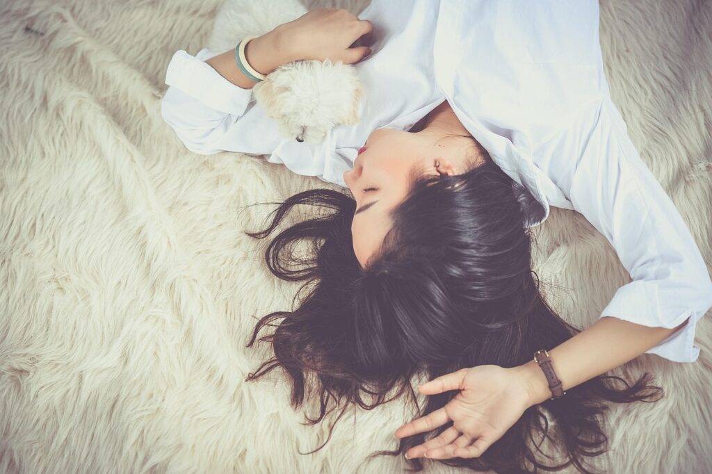 girl, sleep, lying down, dog, pet, owner, asian, asian woman, young woman, upside down, asleep, sleeping, sleeping woman, female, woman, dreaming, portrait, resting, animal, relax, dream
