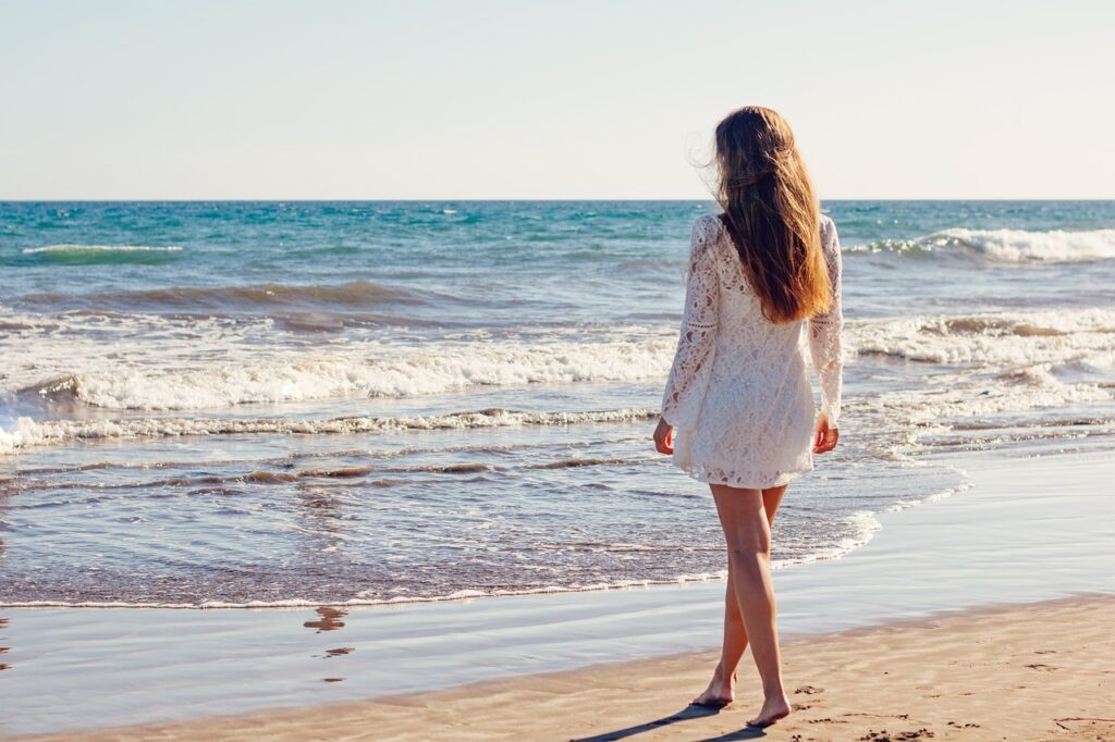young woman, beach, dress, white dress, walking, shore, seashore, brunette, woman, sea, ocean, wedding, nature, bride, summer, model, legs, long hair, gran canaria, maspalomas, canary islands